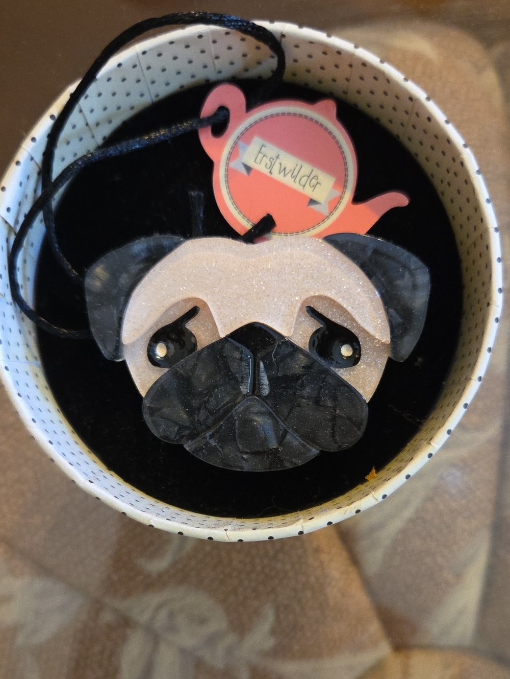 Erstwilder Pug Brooch in Beige and Black